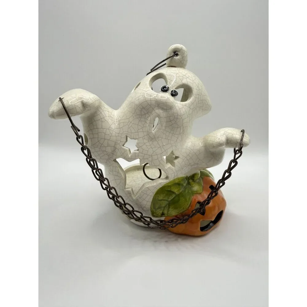 Vintage Ceramic Halloween Ghost Candle Holder Hanging Lantern Chain Pumpkins Set